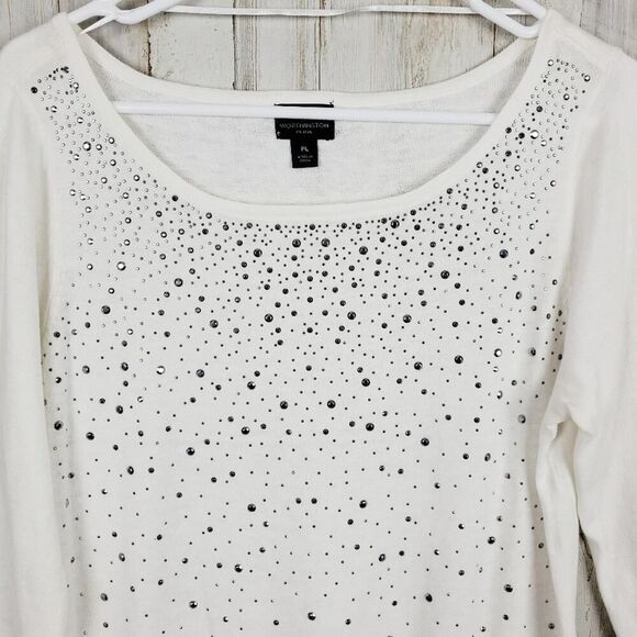 Worthington Embellished Scoop Neck Sweater White Size LP - Picture 4 of 11